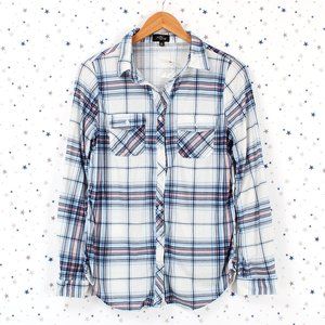 Off White Navy Knit Button Up Plaid Shirt